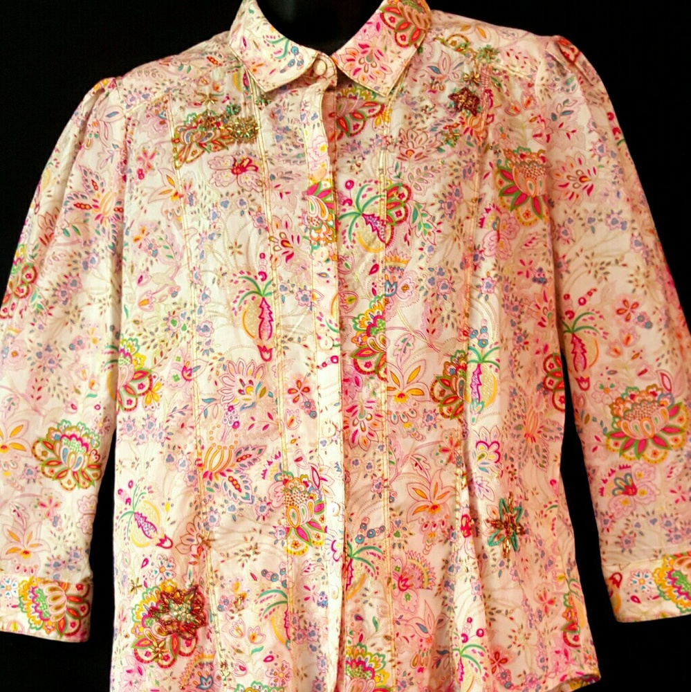 Robert Graham Beaded Embroidered Paisley Print Top